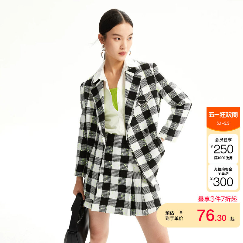 tq区绫致Vero Moda西服秋冬新可爱少女格纹图案长袖外套女