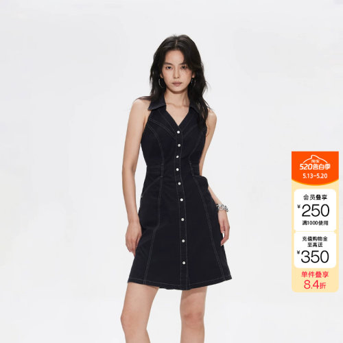 绫致ONLY夏季新款V字翻领挂脖高腰露背牛仔连衣裙女