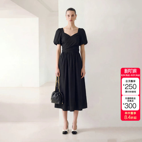 绫致ONLY2026秋季新款法式方领泡泡短袖绑带中长款连衣裙女