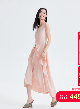 vq区绫致Vero Moda连衣裙2026夏背部挖空荷叶边缎面不规则长裙