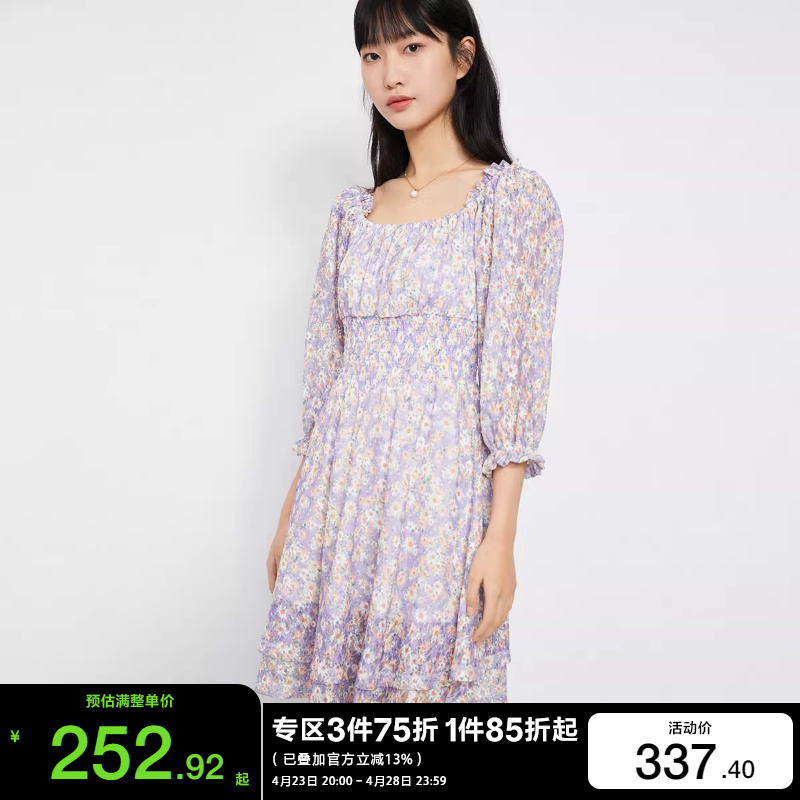 v区绫致Vero Moda连衣裙2024春夏甜美小清方领七分袖蕾丝印花