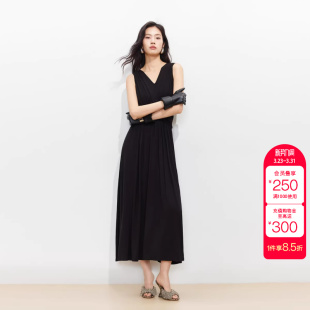 无袖 新款 V领捏褶收腰长裙大气优雅 Moda连衣裙女2026夏季 绫致Vero