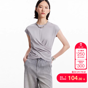 t区绫致Vero 新款 收腰圆领褶皱落肩无袖 上衣 ModaT恤女夏季