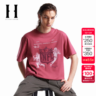 绫致SEASONHIGH NFL联名男T恤罗纹圆领涂鸦胶印logo贴布短袖