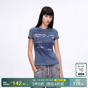 显瘦正肩圆领短袖 o区绫致ONLY2025春夏复古印花柔软弹力修身 T恤女
