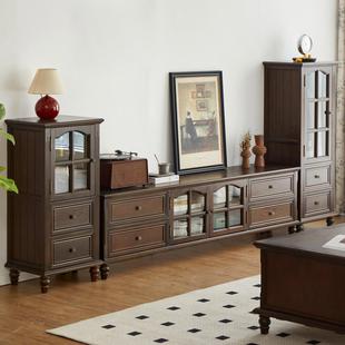 美式乡村全实木胡桃色电视柜组合客厅小户型地柜茶几组合墙电视机