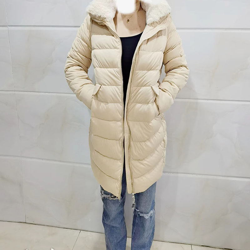 外贸剪标羽绒服女中长款2024年秋冬白鸭绒保暖外套修身型拉链上衣