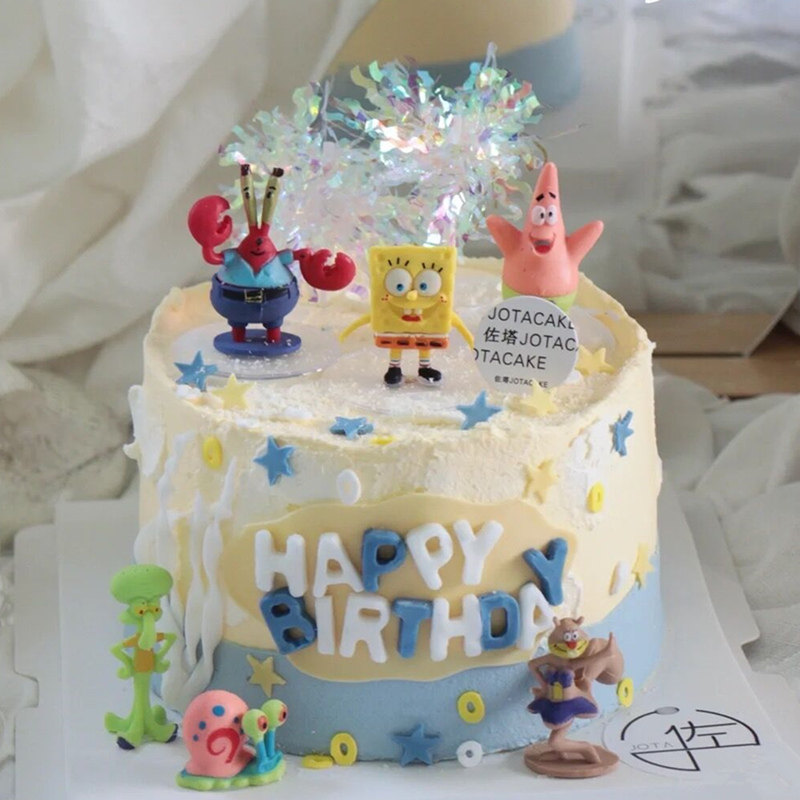 海绵宝宝生日蛋糕装饰摆件派大星蟹老板章鱼哥派对甜品台椰树插件