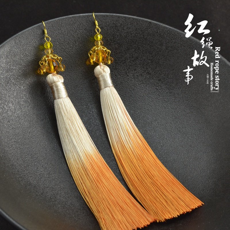 黄色复古民族风耳夹气质旗袍走秀耳坠渐变流苏耳环女古风穗子耳饰