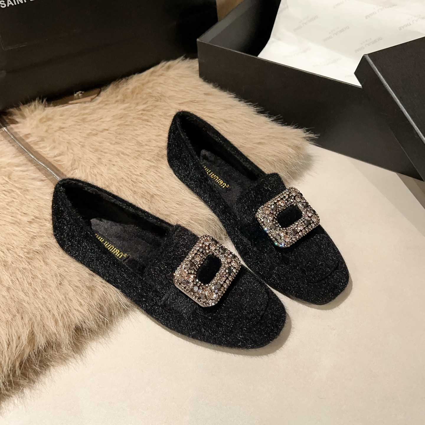 黑色毛毛鞋女外穿2026新款秋冬方头乐福鞋加绒平底豆豆鞋毛绒单鞋,女鞋,浅口单鞋,淘宝优惠券,粉丝福利购,淘宝优惠卷