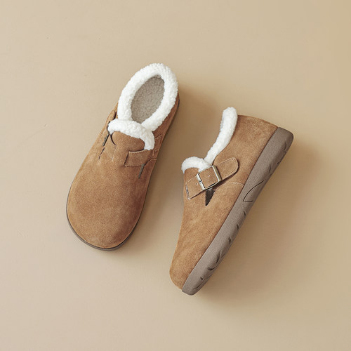 三喜同款牛皮全包勃肯鞋女冬加绒2025新款博肯加厚棉鞋带毛豆豆鞋