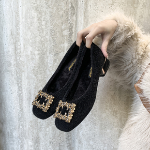 法式气质加绒单鞋女粗跟2025秋冬新款鞋子方扣中跟温柔绝美晚晚鞋