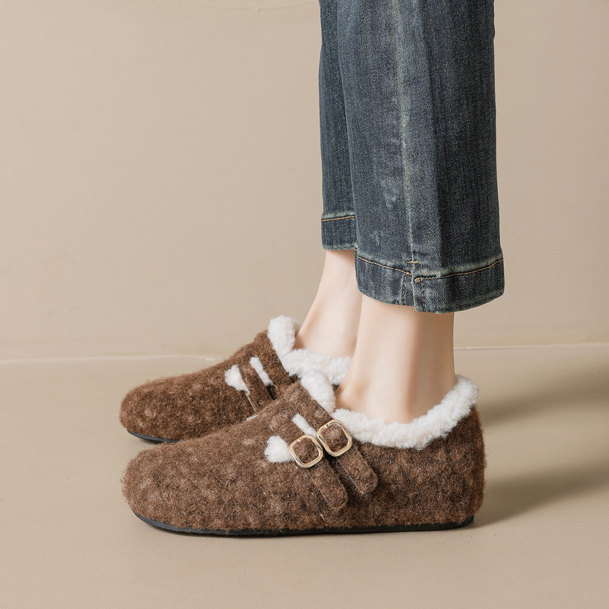 复古加绒勃肯鞋女2025新款冬季外穿毛毛鞋懒人平底豆豆鞋保暖棉鞋