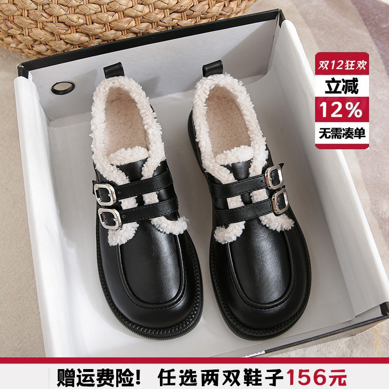 加绒小皮鞋女2025秋冬新款乐福鞋加厚棉鞋单鞋毛毛鞋女大码41到43