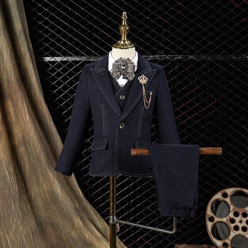 儿童礼服西装套装男童钢琴演出服主持人黑色男孩婚礼帅气英伦西服