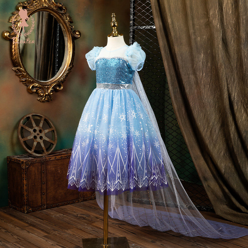 冰雪奇缘爱莎公主裙新款拖尾六一女童夏季儿童连衣裙艾沙elsa裙子