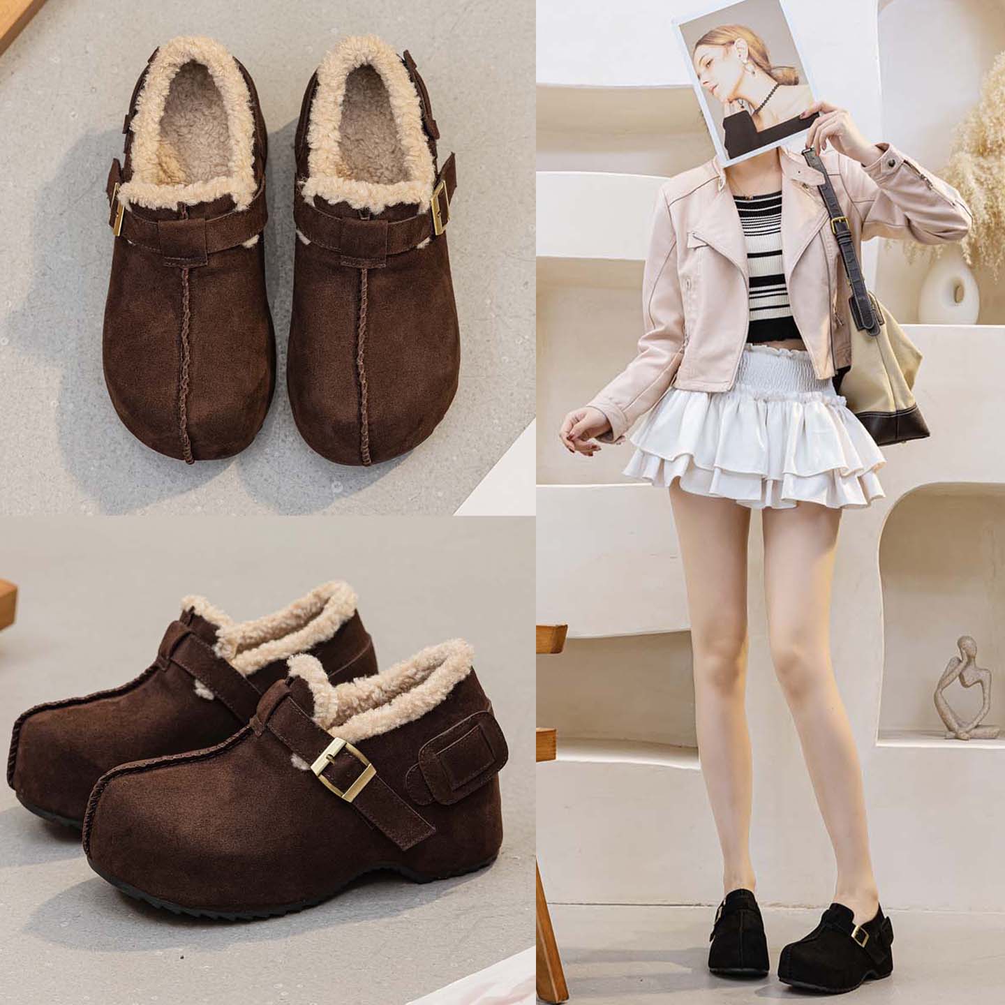 加绒勃肯鞋女厚底大头马蹄鞋子
