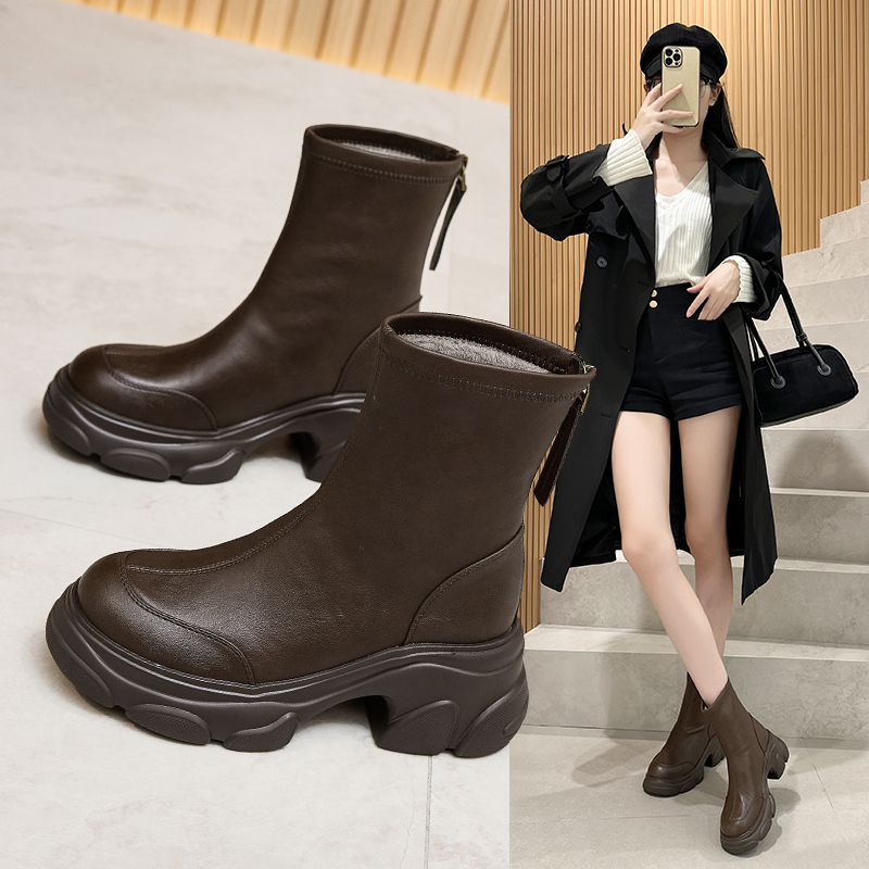 厚底增高短靴女冬季加绒马丁靴子