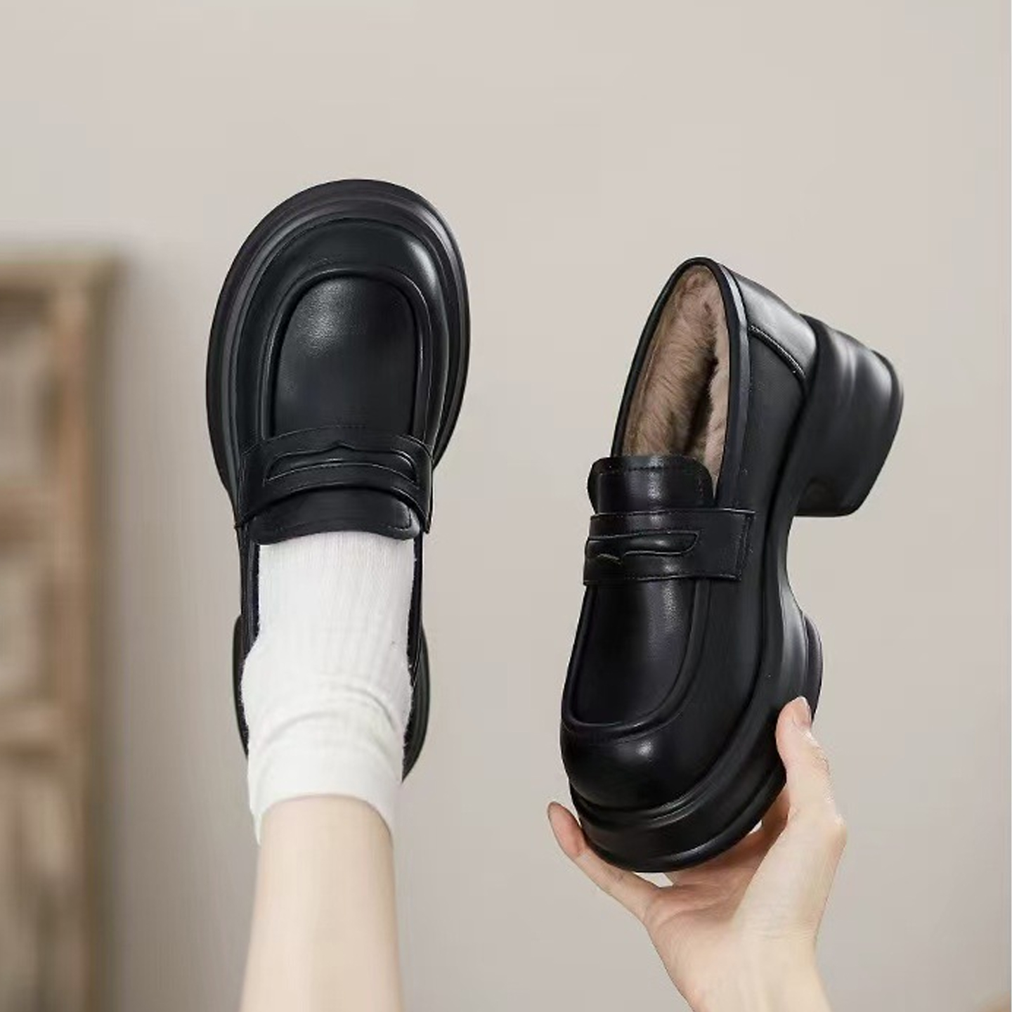 厚底乐福鞋女冬加绒小皮鞋工作鞋