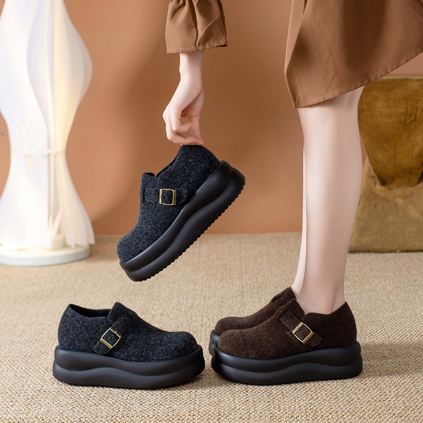 毛呢勃肯鞋女冬加绒博肯单鞋小个