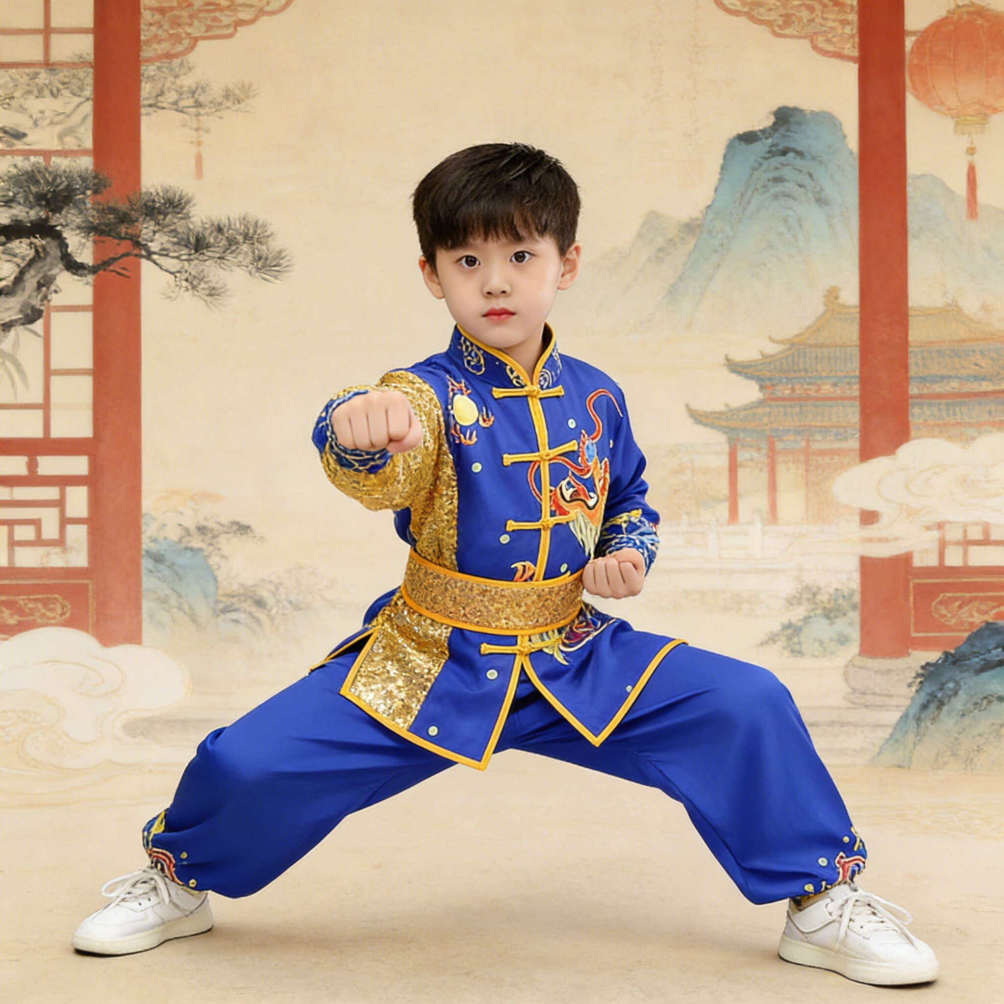 2026新款中国风儿童武术演出服蓝色太极练功服男女童功夫表演服装