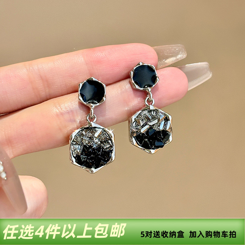 S925银针轻奢436冷淡风黑色锆石耳环女韩国新款百搭气质网红耳钉
