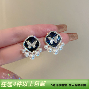 s925银针442镶钻蝴蝶珍珠耳钉复古百搭耳环气质轻奢宫廷风耳饰