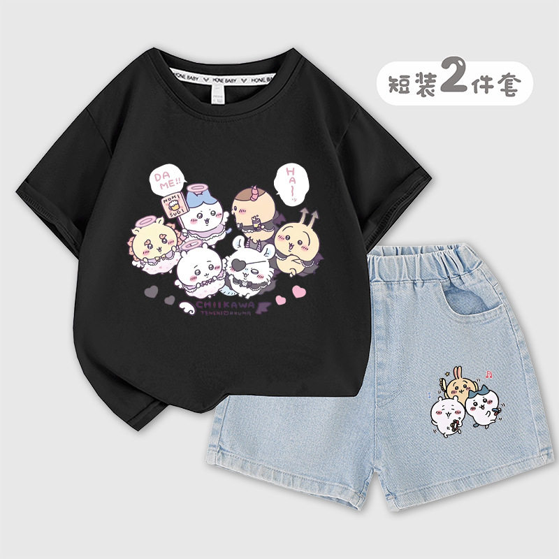 吉伊卡哇女童短裤短袖套装夏季新款儿童牛仔裤洋气两件套Chiikawa