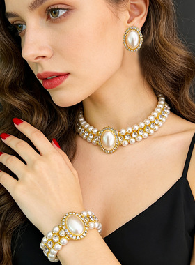 法式复古镶钻双层椭圆珍珠项链手链耳环套装感新娘礼服锁骨链