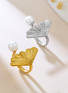 跨境法式复古18k金不锈钢太阳扇贝仿珍珠戒指轻奢感指环rings