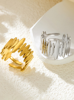 厂家直销跨境热卖柳叶不锈钢戒指女 ins风排列简约时尚开口手饰品