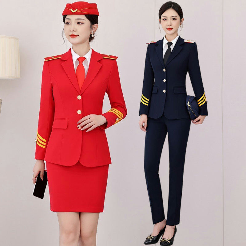 大红色军乐队演出服职业女装长裤套装 空姐城轨制服婚庆锣鼓队服