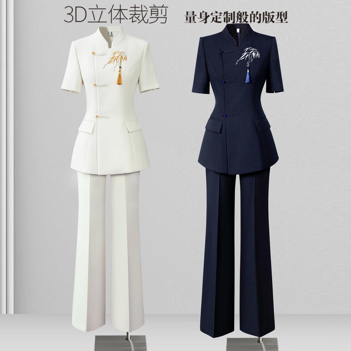 新中式西装套装女夏薄款短袖茶楼样品屋展示中心前台美容院工作服