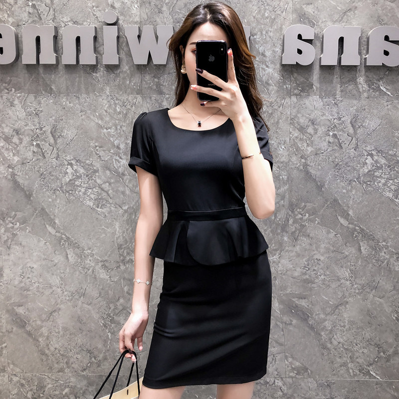 黑色连衣裙夏季2024新款高级感短袖职业气质珠宝店工作服女士裙子