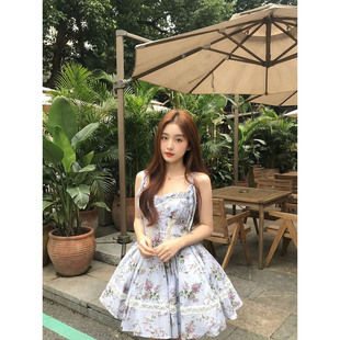 言可可 无袖吊带碎花连衣裙女小个子海边度假初夏独特漂亮小裙子