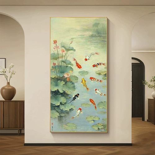 纯手绘九鱼聚财玄关客厅油画