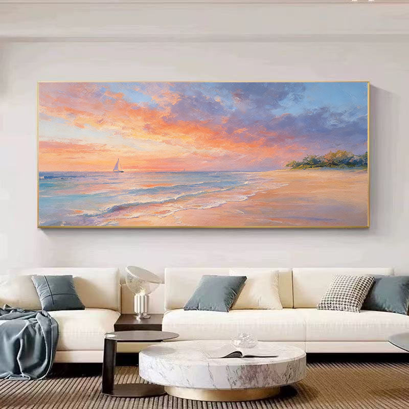 现代纯手绘油画海浪沙滩客厅装饰画轻奢简约沙发背景墙横幅挂画,家居饰品,油画,淘宝优惠券,粉丝福利购,淘宝优惠卷