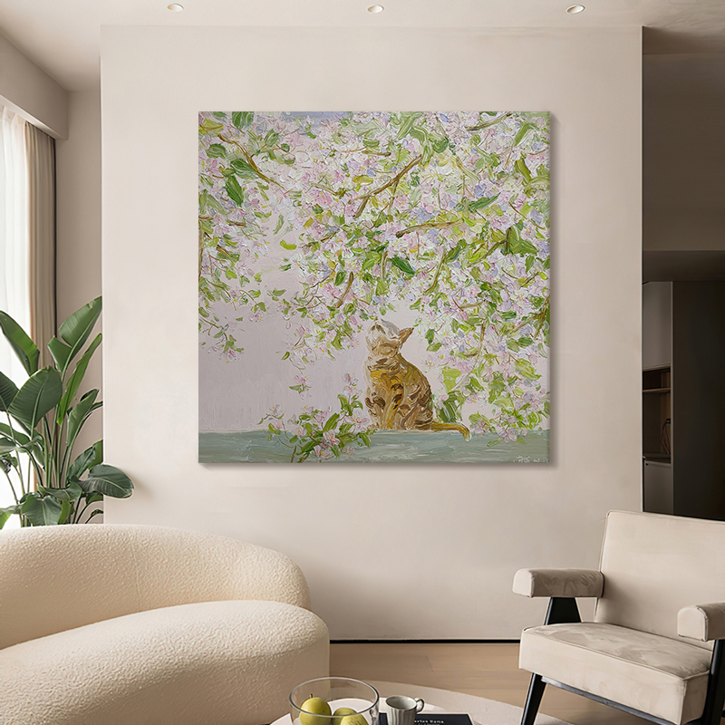 温馨猫咪细嗅蔷薇手绘油画花卉动物儿童房装饰画卧室客厅肌理挂画图片