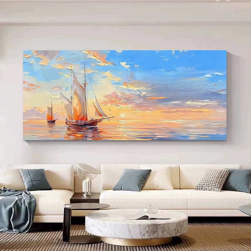 大芬村纯手绘油画一帆风顺客厅沙发背景装饰画海景帆船肌理挂画,家居饰品,油画,淘宝优惠券,粉丝福利购,淘宝优惠卷