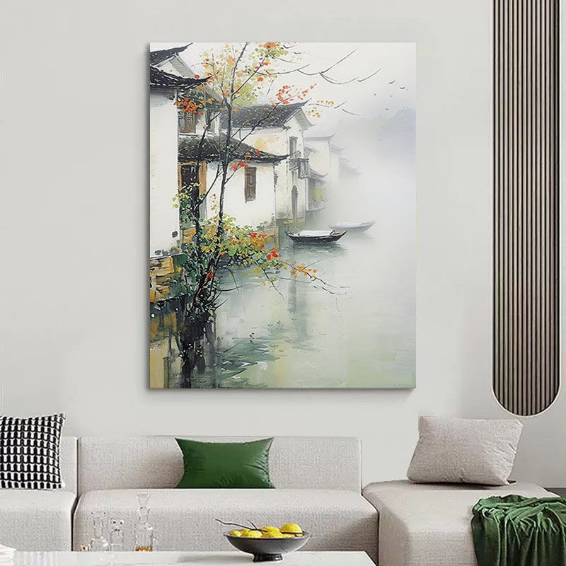 江南水乡山水风景纯手绘油画