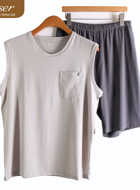 caser凯撒夏季男士天丝空调棉宽肩背心短裤家居服套装AN01-5835