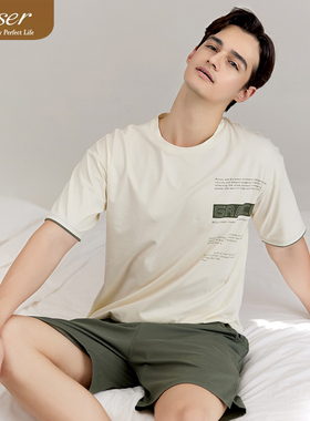 caser凯撒夏季男士森格全棉圆领家居服套装短袖短裤睡衣AM01-F803