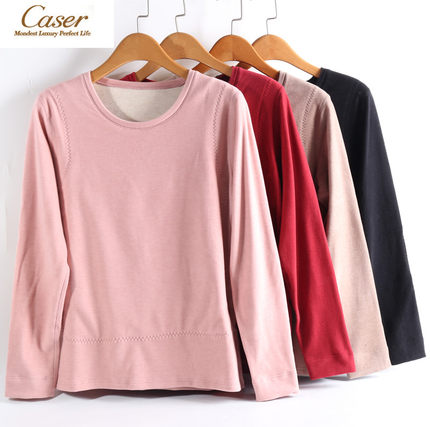 caser凯撒女加厚暖姜绒羊绒前后大贴片圆领保暖上衣护肘BJ53-3133