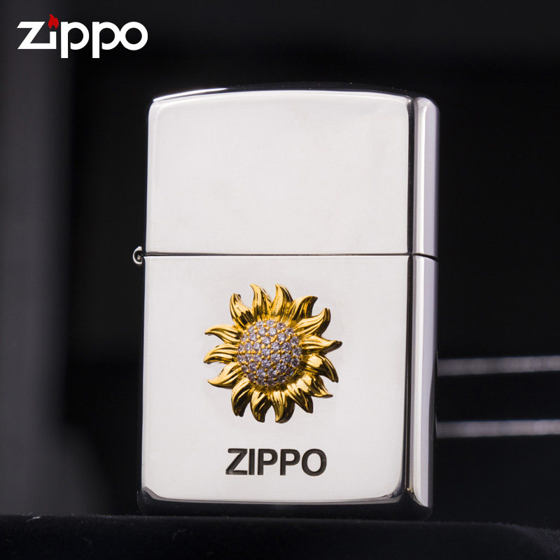 ZIPPO芝宝防风煤油男士打火机纯银钻石太阳花个性定制礼盒送男友