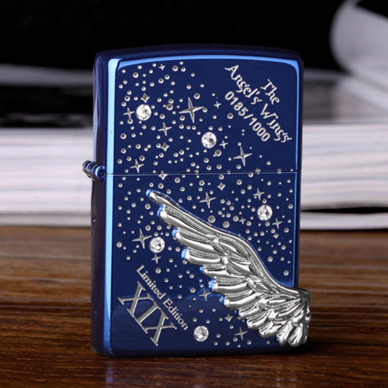 夜色zippo正品日版镶钻星空天使之翼镀银/蓝冰/黑冰送男女友礼物