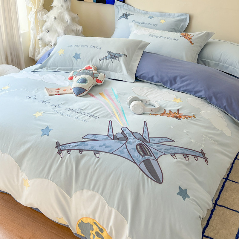 秋冬卡通飞机男孩全棉磨毛四件套儿童刺绣被套纯棉床单笠保暖床品,床上用品,床品套件/四件套/多件套,淘宝优惠券,粉丝福利购,淘宝优惠卷