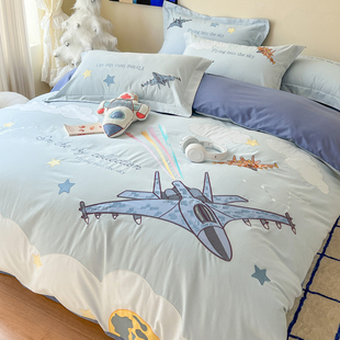 秋冬卡通飞机男孩全棉磨毛四件套儿童刺绣被套纯棉床单笠保暖床品