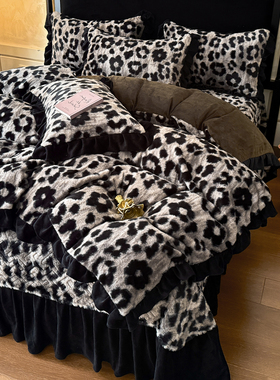 冬季豹纹加厚保暖兔兔绒四件套公主风珊瑚牛奶绒被套夹棉床盖床品