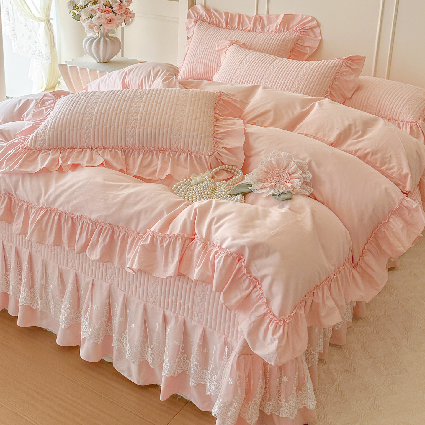 法式粉色少女心全棉床上四件套公主风纯棉立体花朵荷叶边被套床盖