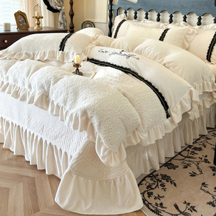 法式 加厚牛奶绒四件套公主风双面毛绒花边被套珊瑚绒床盖床单 冬季